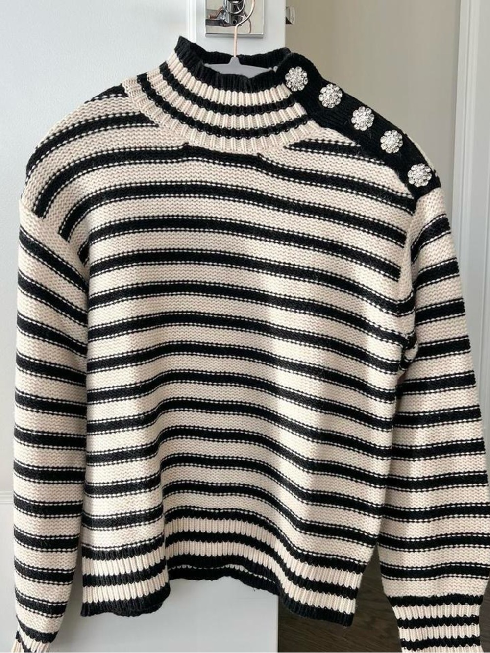 J. Crew Black and Cream Striped Button-Shoulder Turtleneck Sweater